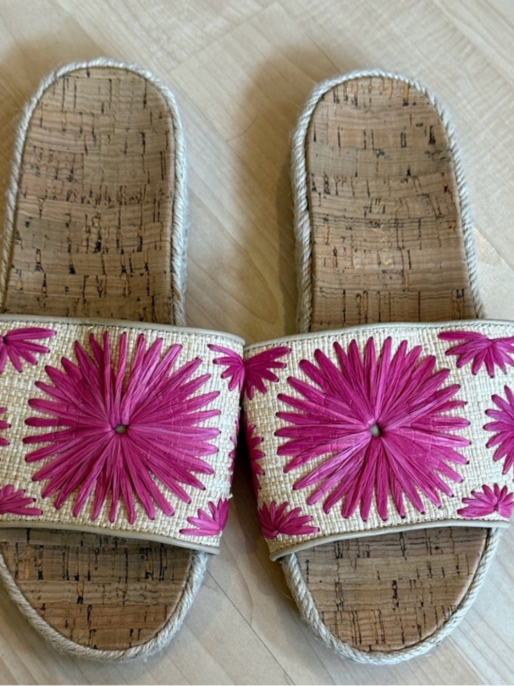 Jack Rogers Natural Cork Slide Sandals with Pink Floral Embroidery